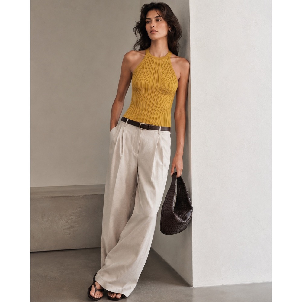 THE SEI Ribbed Halter Top Womens XS Mustard‎ Yellow Sleeveless Stretch Knit